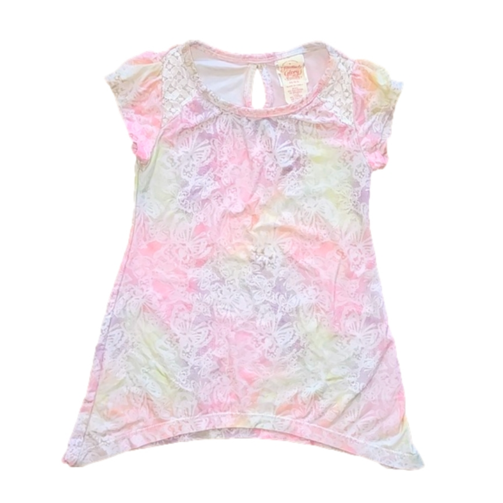 FADED GLORY Multicolored Short Sleeve Tee with White Butterfly Pattern